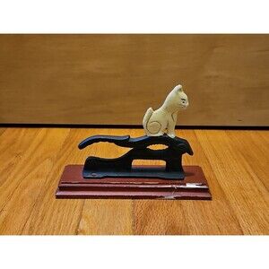 Vintage Cast Iron White Cat Nutcracker On Wooden Base
